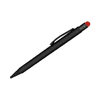 A black stylus pen featuring a red tip, with a clip for easy attachment. It also includes a logo.