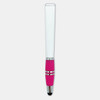 A stylus pen featuring a white upper section and a pink rubber grip, with silver accents and a branding logo.