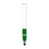 A stylus pen with a green grip and a clear barrel, featuring a metallic tip and an end designed for touchscreen use.