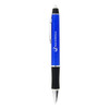 A blue plastic pen with a silver clip and grip, featuring a branding logo.
