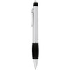 A silver and black metal pen with a smooth finish and a clip for easy attachment. Features branding on the barrel.