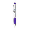 A metal pen with a silver body, purple grip, and a branding logo along the side.