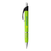 A green metal pen with a chrome tip and clip, featuring a logo on its barrel.