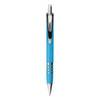 A blue metal pen with a shiny chrome clip and decorative bands. The pen features a sleek design.