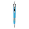A metal pen in a bright blue hue, featuring a chrome clip and decorative silver rings. It has a branding logo.