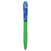 A plastic pen with a green barrel and a blue cap featuring a colourful star design. It has a branded logo.