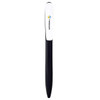 A black and white plastic pen featuring a logo on the clip. Ideal for writing and promotional use.