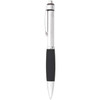 A metal pen featuring a silver barrel and a black rubber grip. It includes a clip and a logo on the barrel.