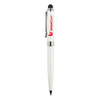 A white stylus pen with a black writing tip and a branding logo on the upper part.