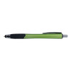A green stylus pen with a black grip and silver clip, featuring a branding logo.