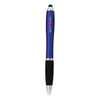 A blue stylus pen with a silver tip and a black grip, featuring a logo.