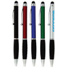 A collection of five stylus pens in black, red, blue, green, and silver, each featuring a black rubber grip and a logo.
