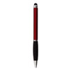 A red stylus pen with a black rubber grip and a silver accent. It has a logo near the top.
