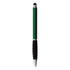 A green stylus pen with a black rubber grip and a shiny silver tip, featuring a logo.