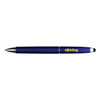 A blue stylus pen with a silver tip and branding on the side.