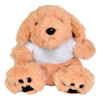 A soft, plush toy puppy in light brown with floppy ears and a white shirt, featuring black paw prints.