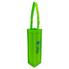 A green non-woven single wine tote bag with long handles and a logo.