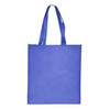A large blue shopping tote bag with a gusset and long handles, featuring a logo on the front.