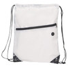 A white drawstring bag with a zippered front pocket and black accents, featuring a logo.