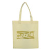 A cream shopping tote bag with a gold logo design and two shoulder straps.