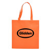 An orange shopping tote bag featuring black branding, with two sturdy handles for carrying.