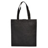 A black shopping tote bag with two shoulder straps and a simple design, featuring a logo on one side.