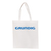 A white shopping tote bag with sturdy handles and a blue logo on the front.