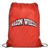 A red drawstring gym bag with a logo in a curved design. The bag features black strings for closure.
