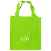 A bright green shopping tote bag with a gusset and a logo featuring a leaf design.
