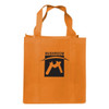 An orange shopping tote bag with a gusset and a black logo on the front.