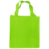A bright green shopping tote bag with gusset and two sturdy handles, featuring a logo.