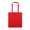 A red calico tote bag with two sturdy handles and no visible logos or text.