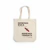 A cream tote bag with long handles featuring a logo, text, and a bat design in dark maroon.
