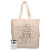 A beige calico bag featuring a colouring design of a Christmas stocking, accompanied by a crayon set in various colours.