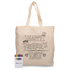 A beige tote bag featuring a Father’s Day design, accompanied by a set of colourful crayons.