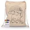 A cream drawstring bag featuring a unicorn and rainbow design, accompanied by a set of crayons in various colours.