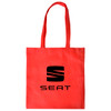 A red shopping tote bag with a gusset and a logo printed on the front.