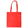 A red shopping tote bag with long handles and a V gusset. It features a simple design and has a logo.