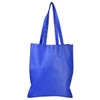 A blue shopping tote bag with long handles and a V gusset at the base. It features a logo.