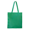 A green shopping tote bag with a V gusset and long handles. The bag features a logo.