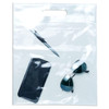 A clear tote bag containing a pen, sunglasses, and a mobile phone. The bag has a handle and a sleek design.
