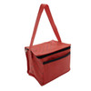A red lunch cooler bag featuring a zippered compartment and a handle, with a logo on the front.