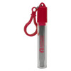 A red and clear case housing a stainless steel telescopic straw, with a keychain clip attached.