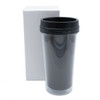 A drink bottle in black and clear, featuring a lid and presented in a white box.