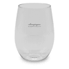 A stemless, shatterproof red wine glass in clear plastic with a logo. Suitable for outdoor use.