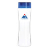 A drink bottle made of clear Tritan with a blue lid and a logo on the front.