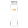 A drink bottle made of clear Tritan with a transparent design and a silver lid. It features a small logo.