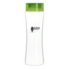 A drink bottle with a transparent body and a green screw-on lid, featuring a logo.