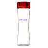 A drink bottle in clear plastic with a red lid, featuring a logo on the side.