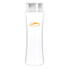 A drink bottle made from clear Tritan with a sleek, curved design and a screw-on lid. It features a logo.